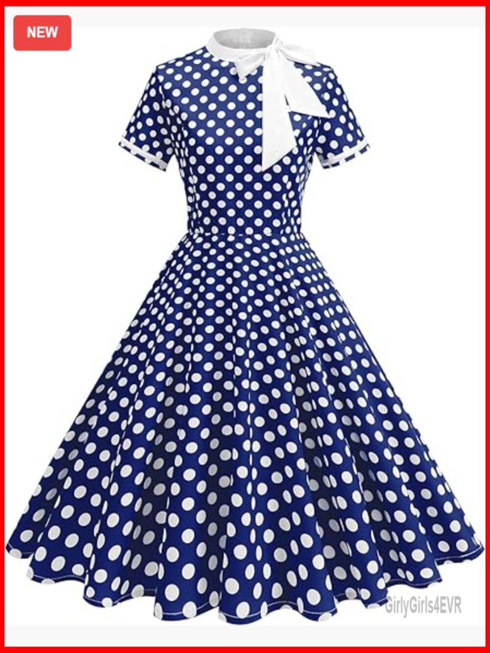 Vintage Polka Dot Swing Midi Dress with Tie Neck Short Sleeve A-Line 1950s Style